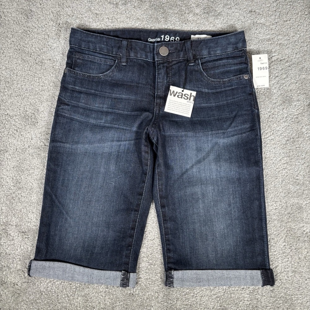 GAP Jean Shorts Youth Girls 14 Wash Blue Denim Stretch Cuffed Bermuda NWT